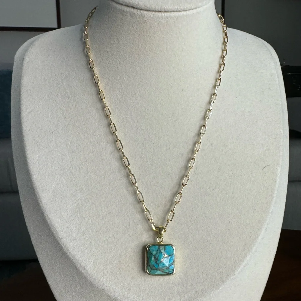 18kt Gold Plated Paper Clip Chain Necklace with Turquoise Pendant - Picture 2 of 5